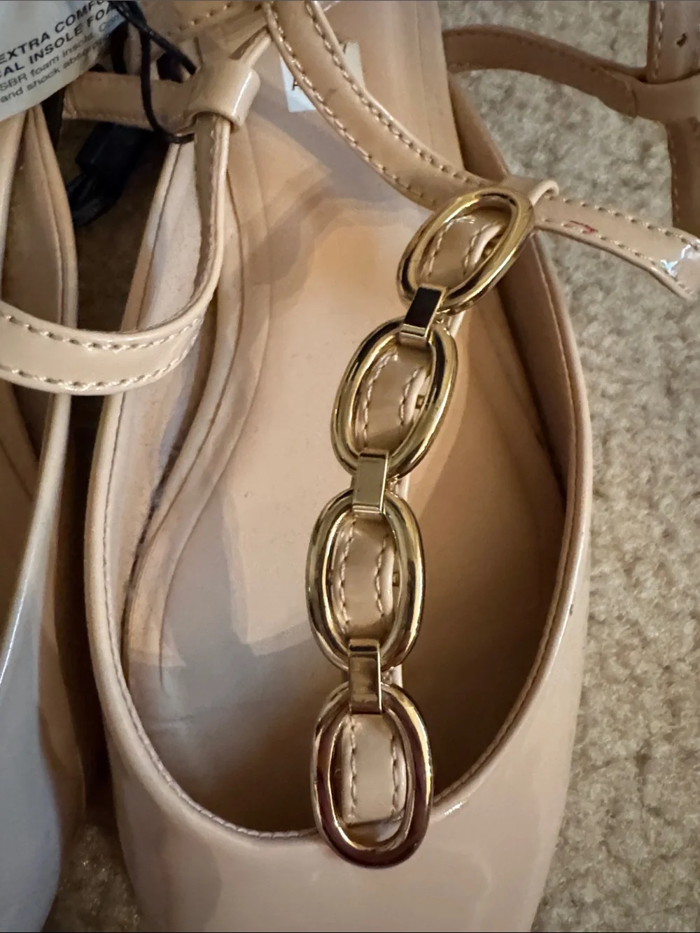 ZARA - Nude Patent Pointed Slingback Flats with Gold Chain Accents - Size 7